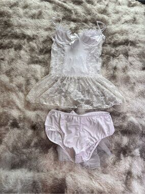 NWT Adam & Eve Bridal White Lace Babydoll Chemise with Matching Briefs